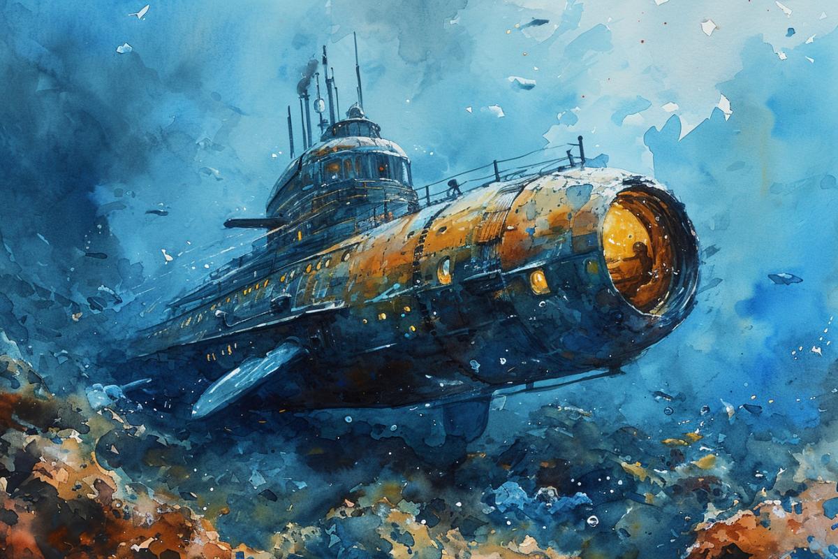 Submarine, dolphins, watercolor