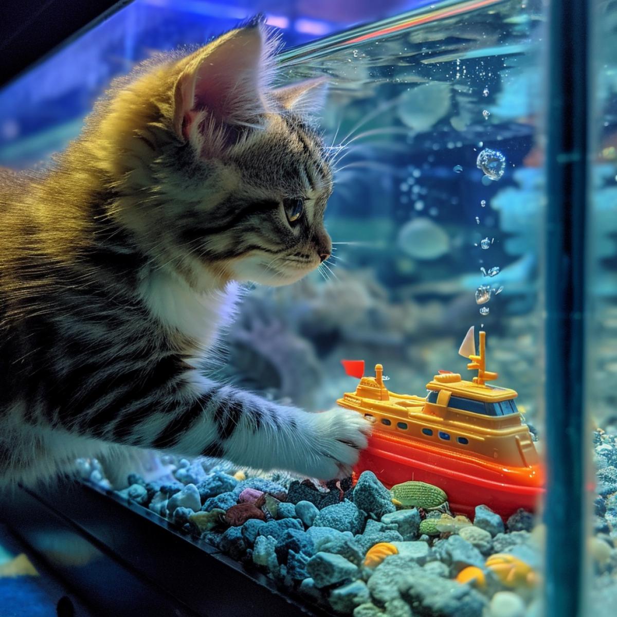 The cat is trying to get a toy submarine out of the aquarium with its paw