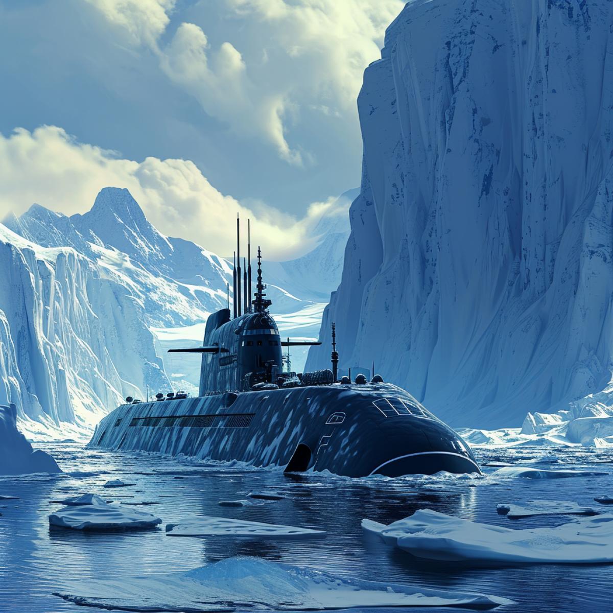 Ultra modern submarine among the ice