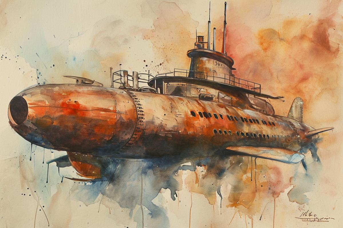 Fantastic Submarine, in a style of John Singer Sargent, red, orange, beige, sage, muted color, watercolor painting