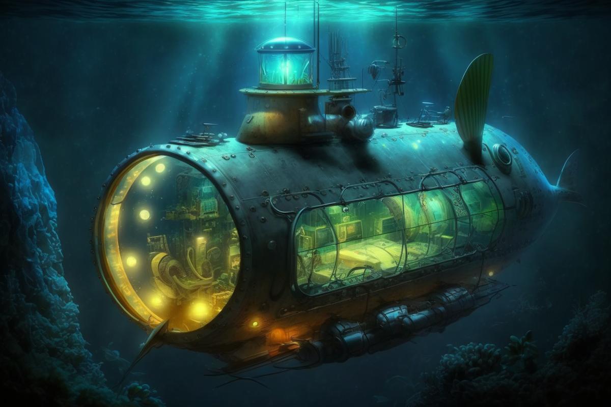 Transparent submarine lit with one lantern going through the Mariana Trench