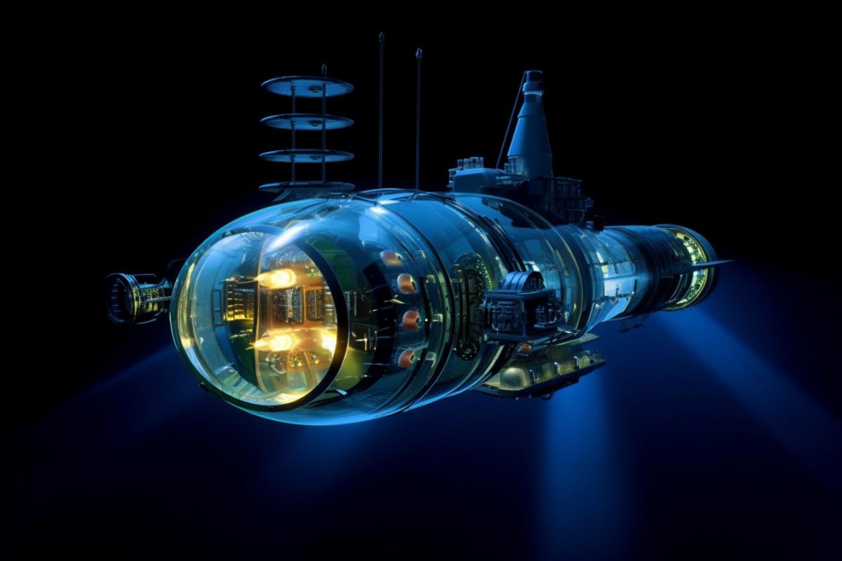 Transparent submarine lit with one lantern going through the Mariana Trench
