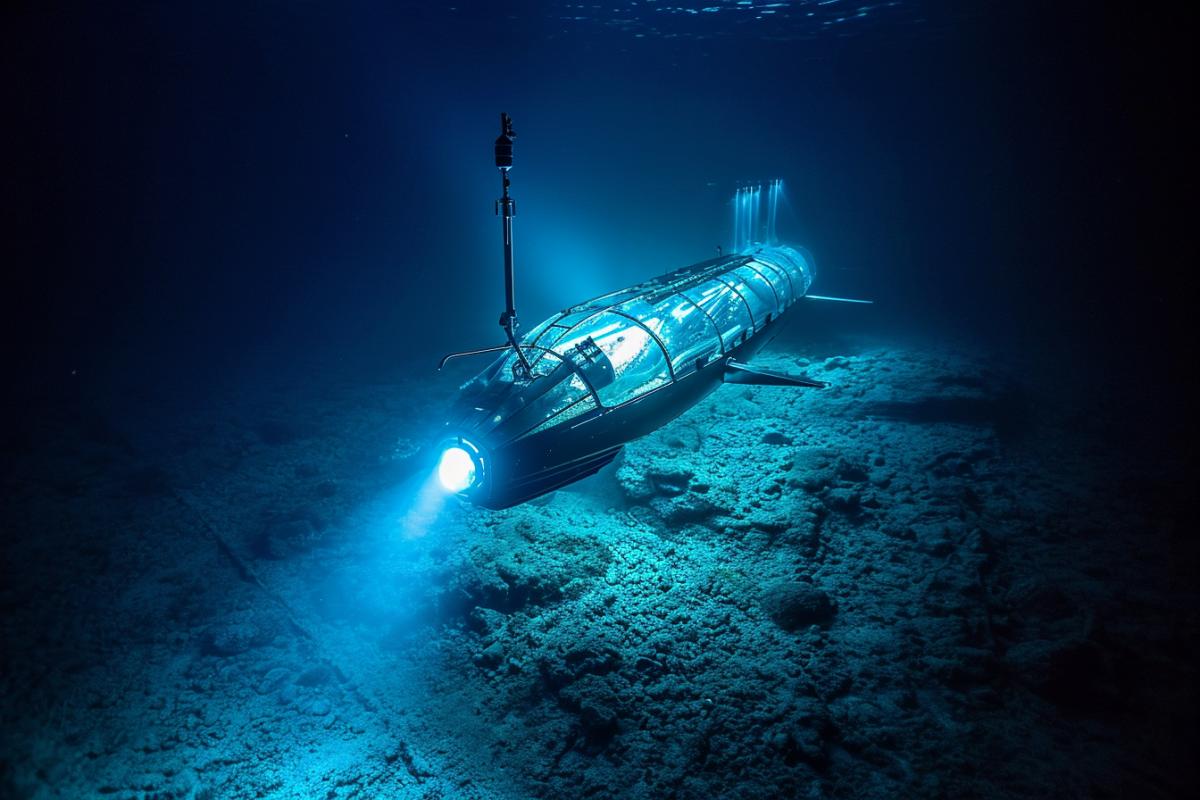 Transparent submarine lit with one lantern going through the Mariana Trench