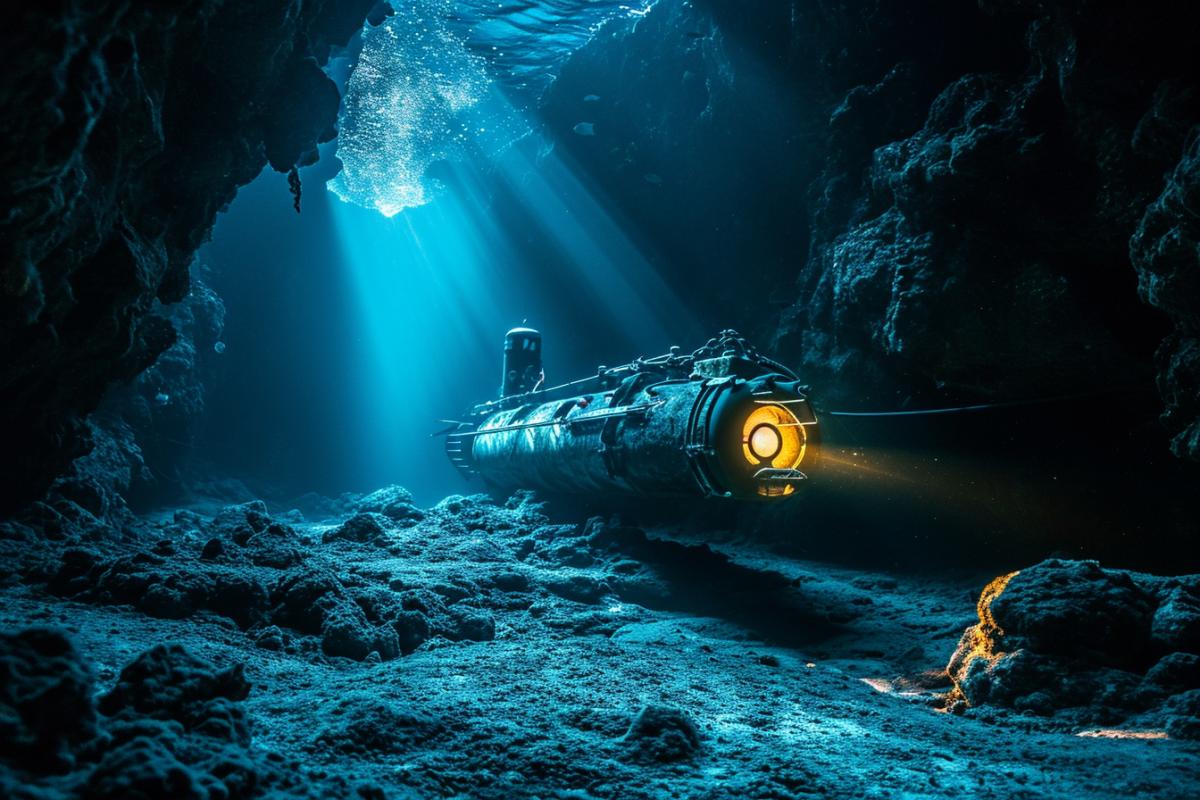 Transparent submarine lit with one lantern going through the Mariana Trench