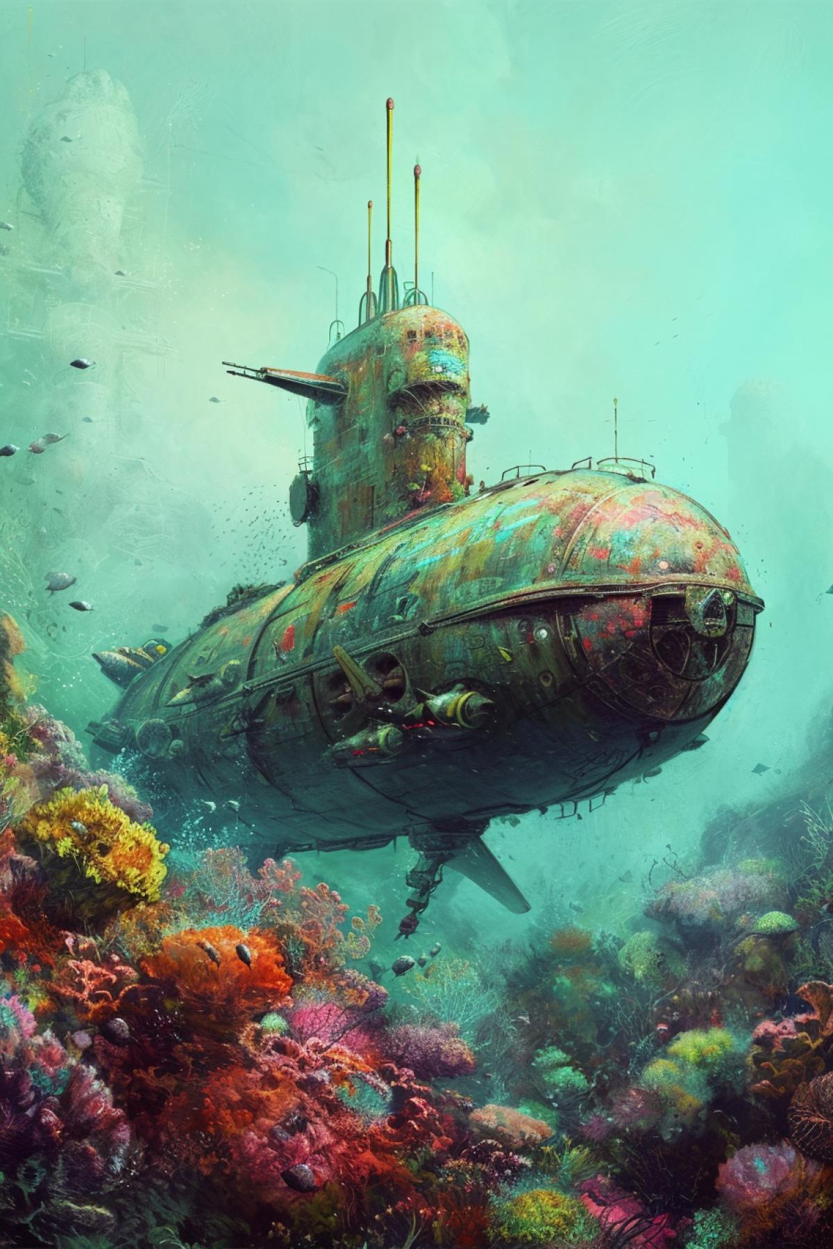 Submarine, ocean, good weather, psychedelic