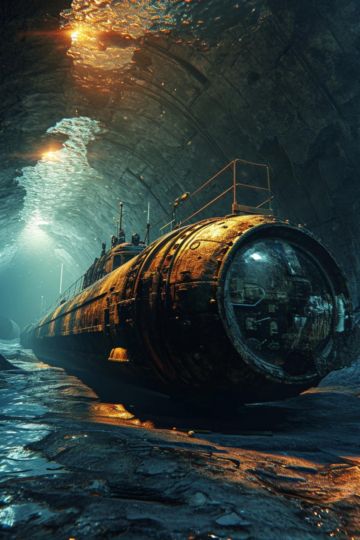 submarine social advertising, saving the world, gothic style, bright and rich colors, flickering, photography