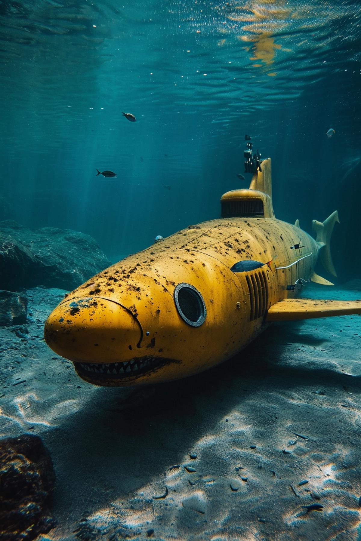 yellow submarine in the shape of a shark