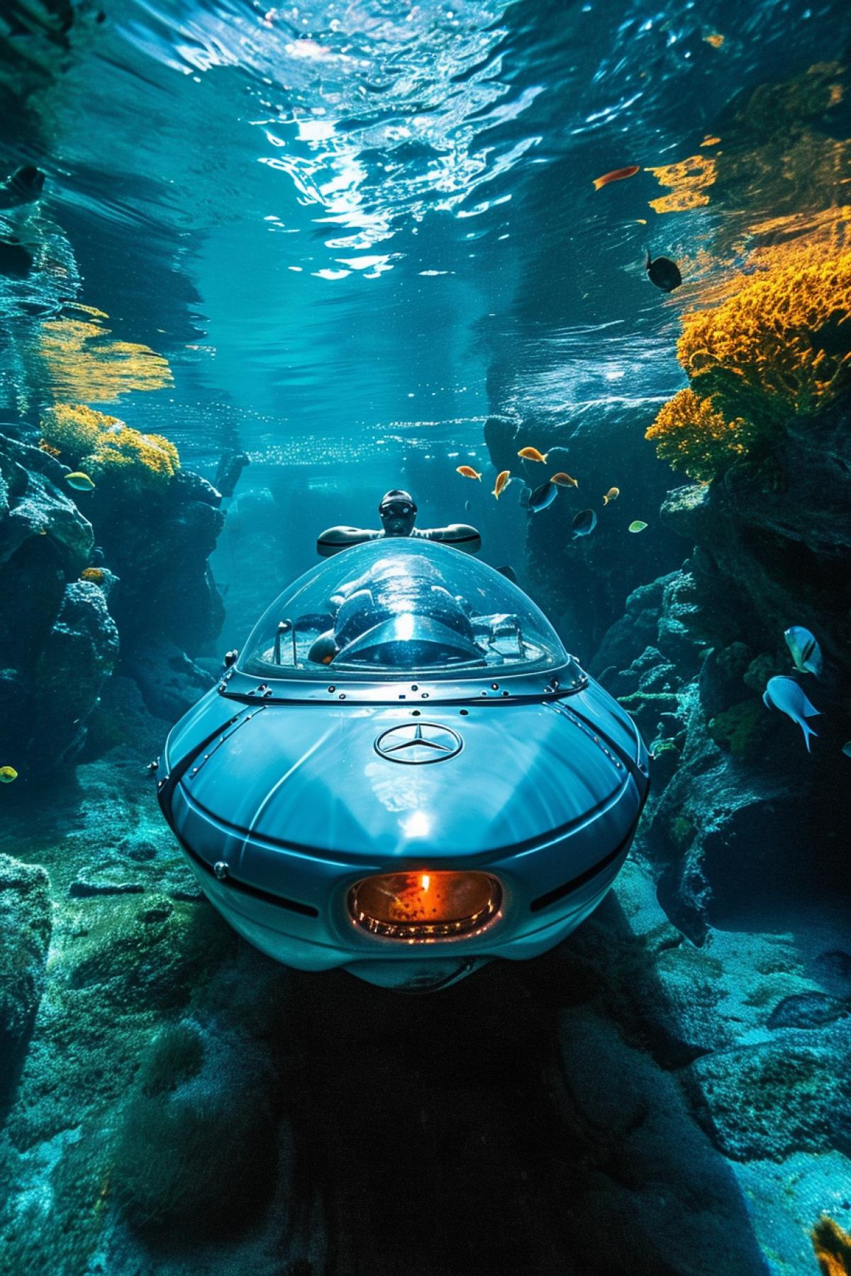 Small individual luxury submarine Mercedes Benz bright vibrant enamel with big front glass through which the driver is seen gliding under the sea fish around bright vibrant colours three fourth low view scenic light advertising photo