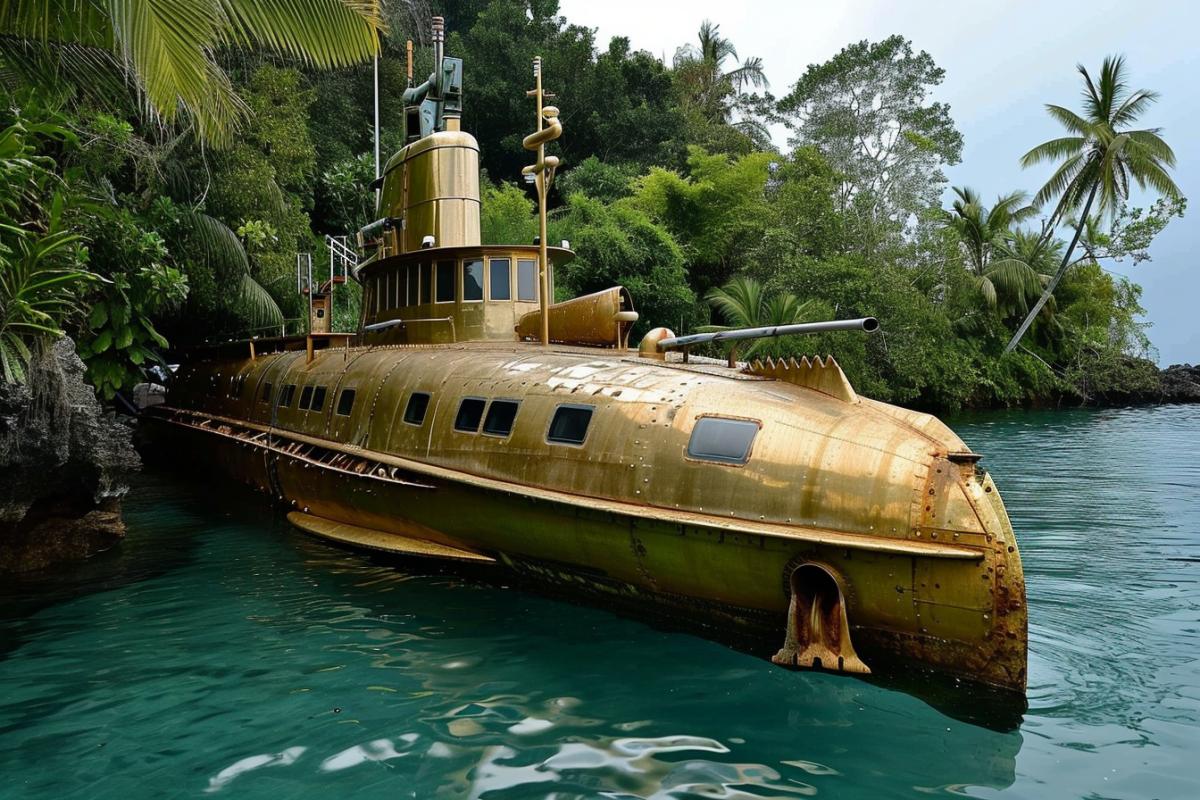 Captain Nemo\"s gold submarine in tropical waters