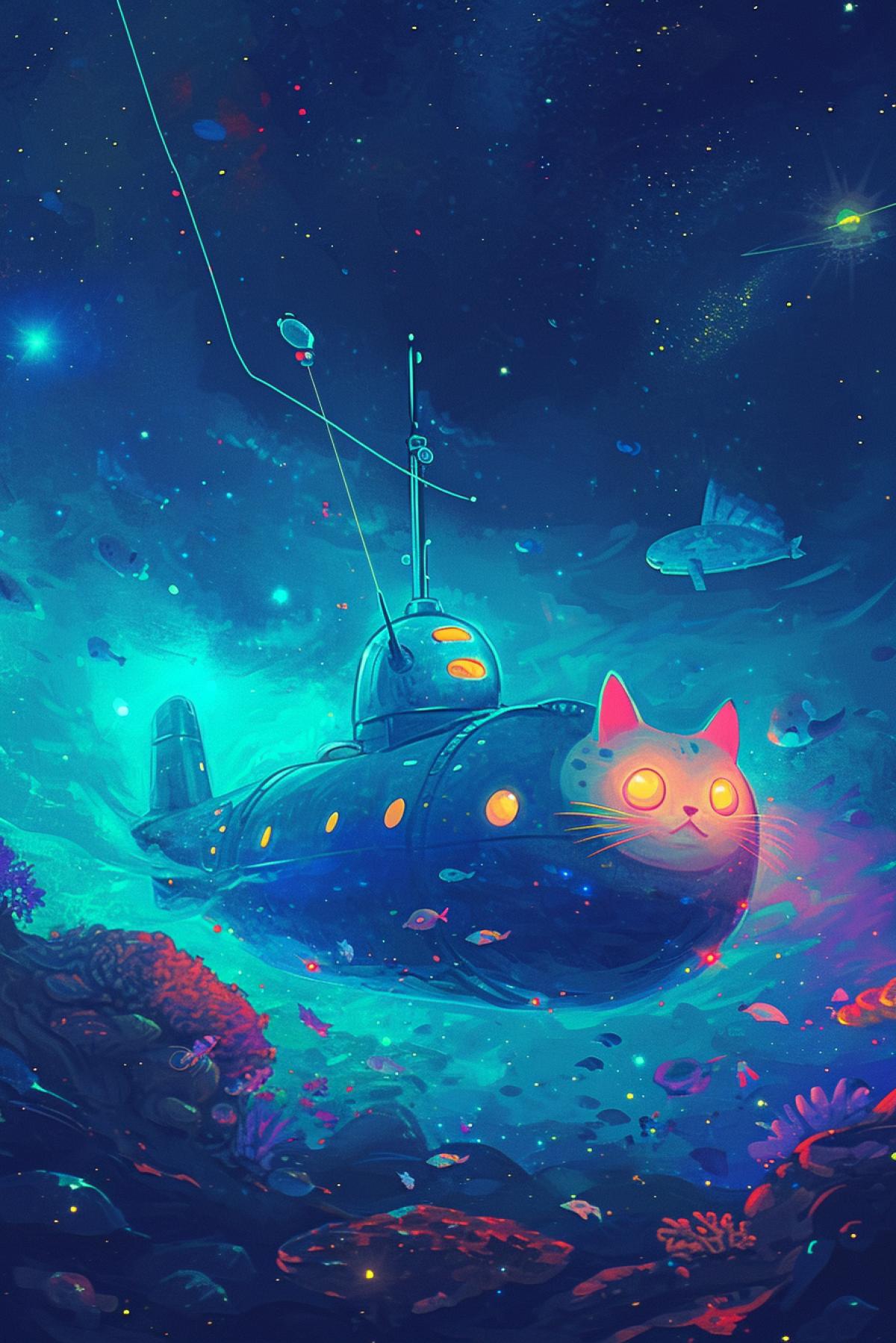 Cat-shaped submarine, deep ocean, neon light, space style sea, unrealistic, night, stars deep in the ocean, cute, sci fi style