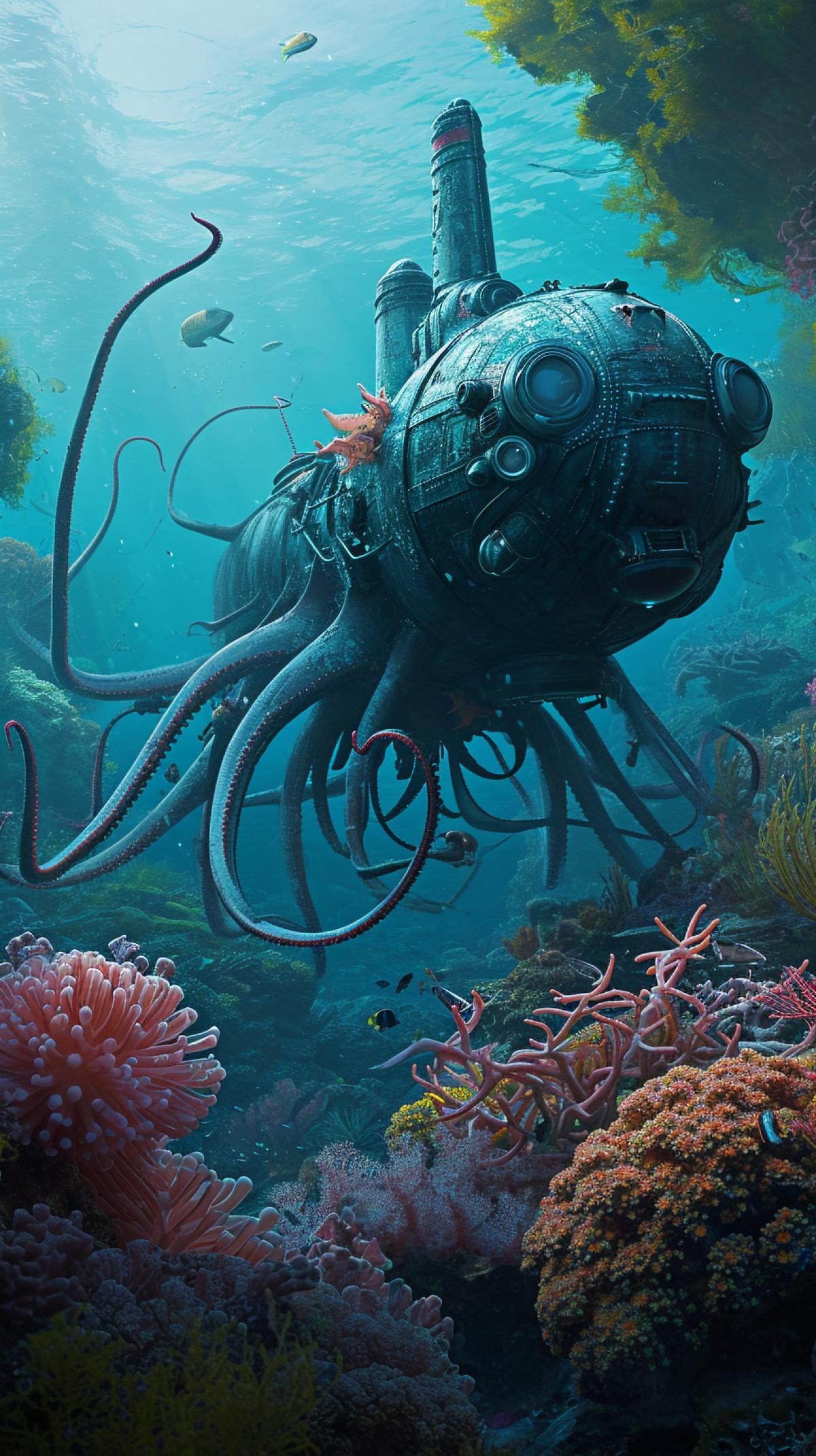 quirky submarine designed to look like a giant squid, with tentacles for periscopes. It is exploring the vibrant coral reefs of an underwater fantasy world