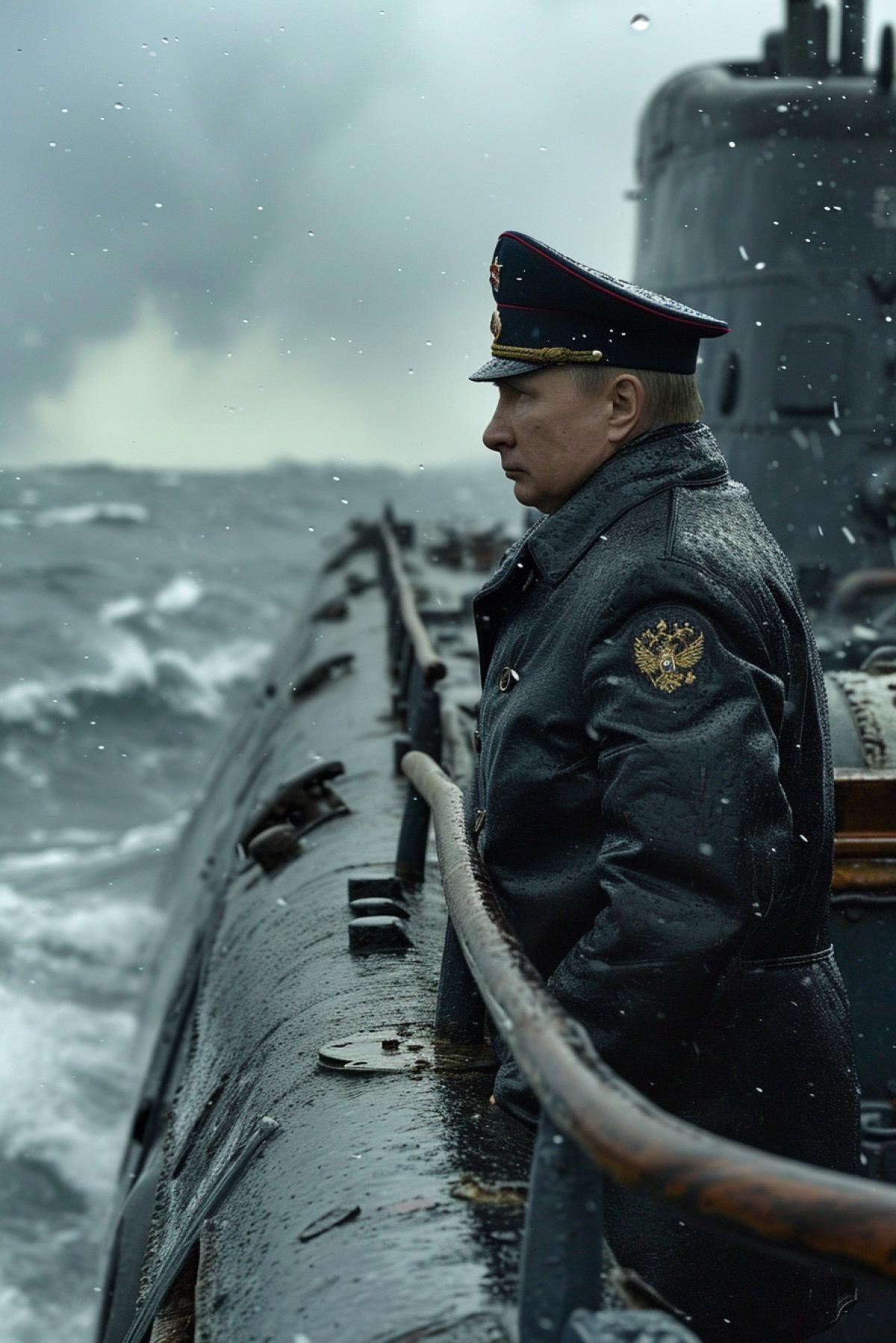Submarine Vladimir Putin wearing overseas cap standing full height out on the lumbering deckhouse captain\"s bridge of giant sinking submarine full size on the background of storming sea