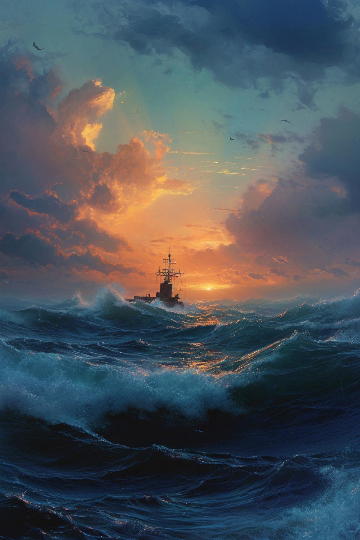 Submarine k-19 dying in ocean high waves sunset Ivan aivazovsky art