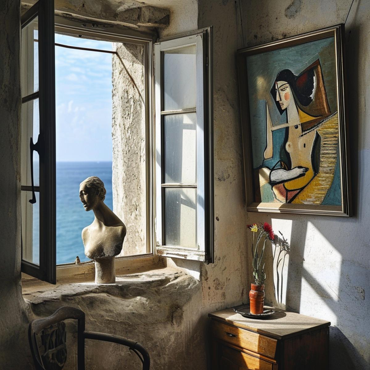 The nature outside the window looks in the style of Picasso\"s paintings