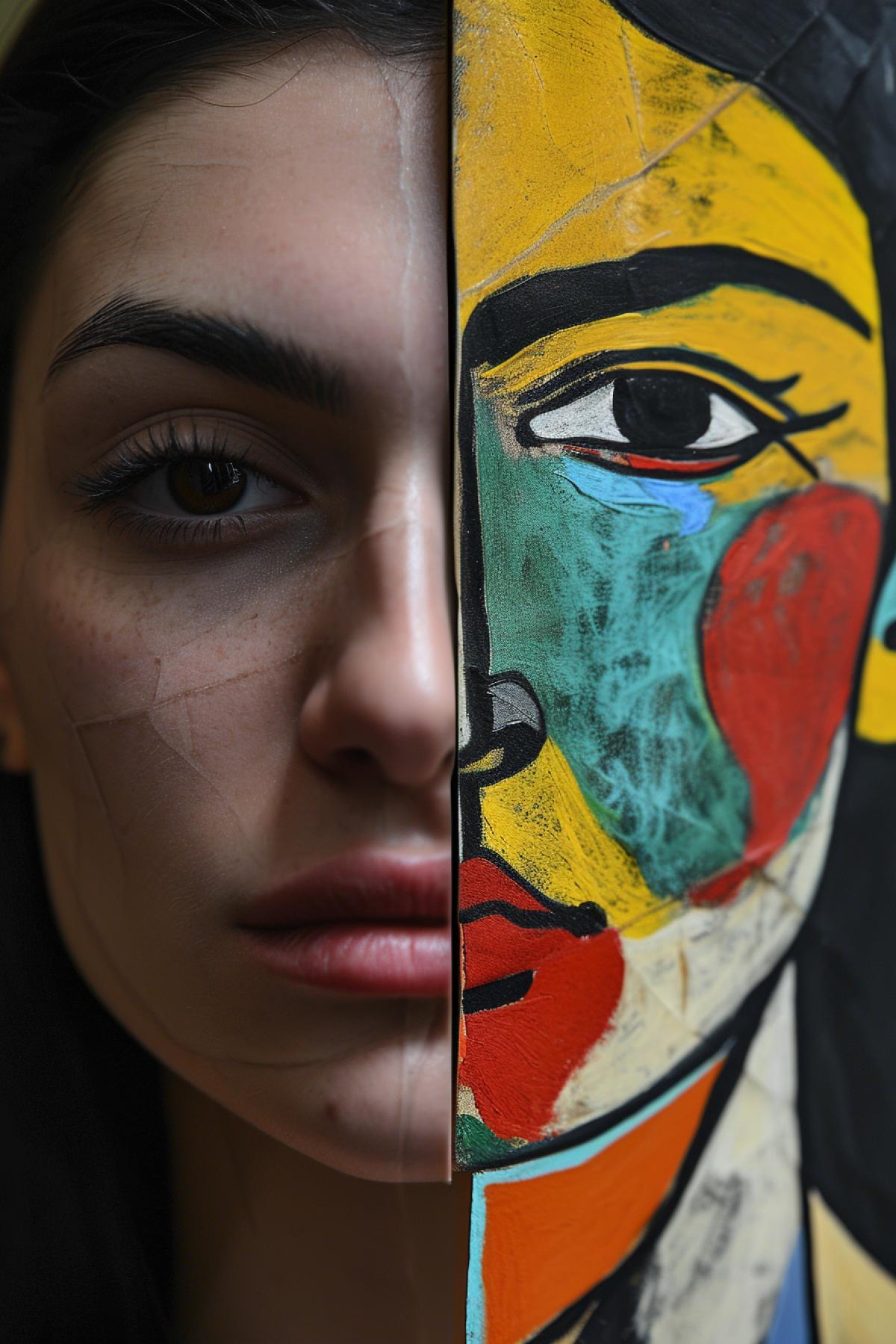 Split-screen photo, A woman face divided into two halves. On the left side, the face is that of a young 35 years old woman with dark hair and a clean shave. On the right side, the same woman In the style of Pablo Picasso\"s paintings. Both sides are in full color, with the division line running down the center of the image.