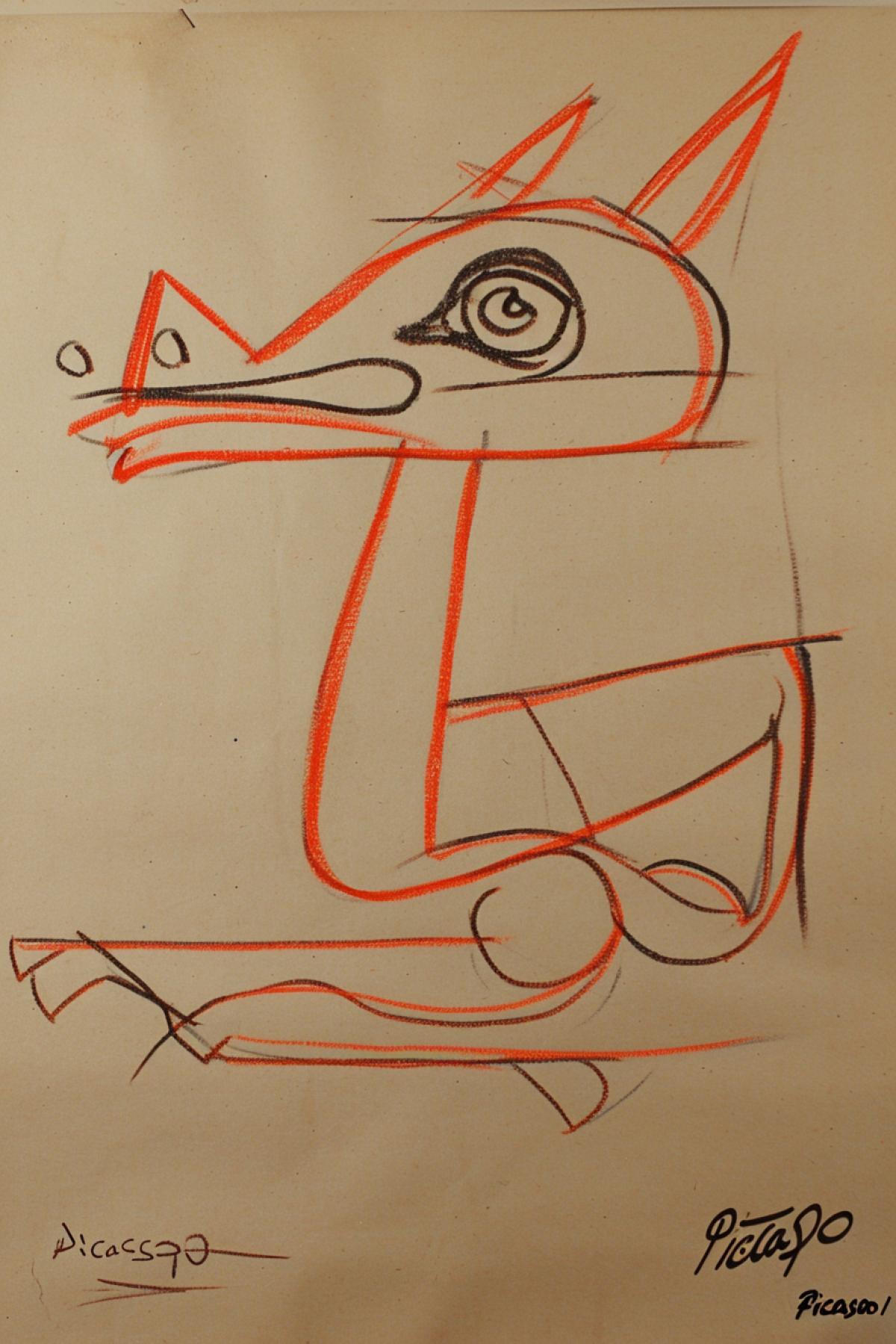 Lizard of peace one-line fast pencil schematic draft drawing in style of Picasso signed \"Picasso\"