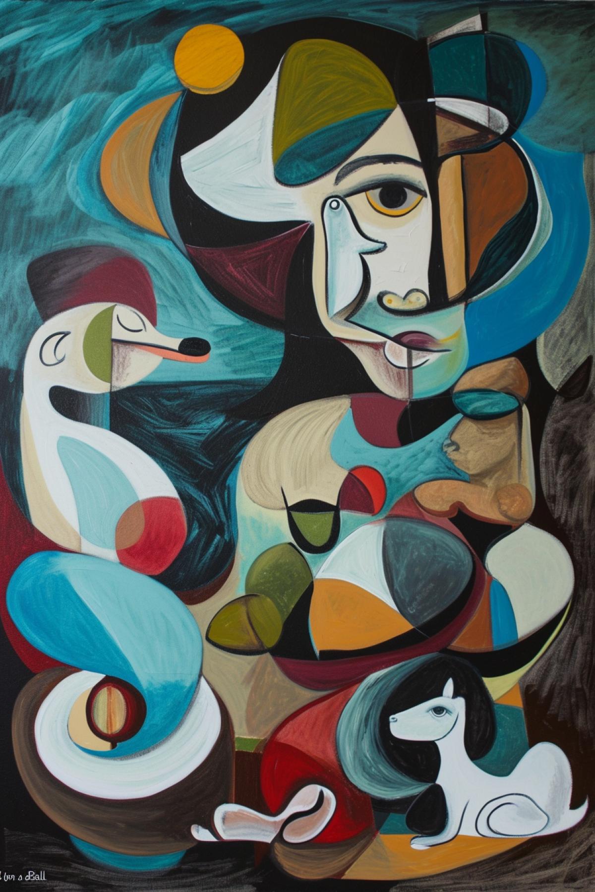 In the style of Picasso’s painting “Girl on a Ball”, a woman with a dog and a man