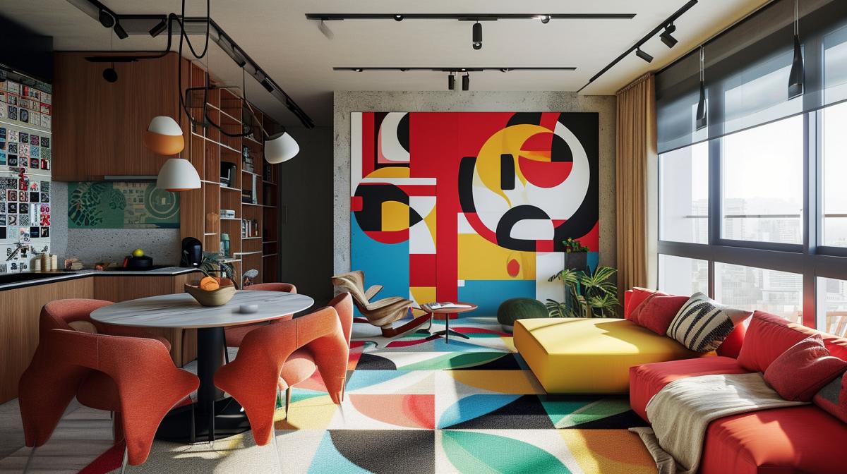 Apartment interior inspired by Picasso style, geometric shapes, bright colors