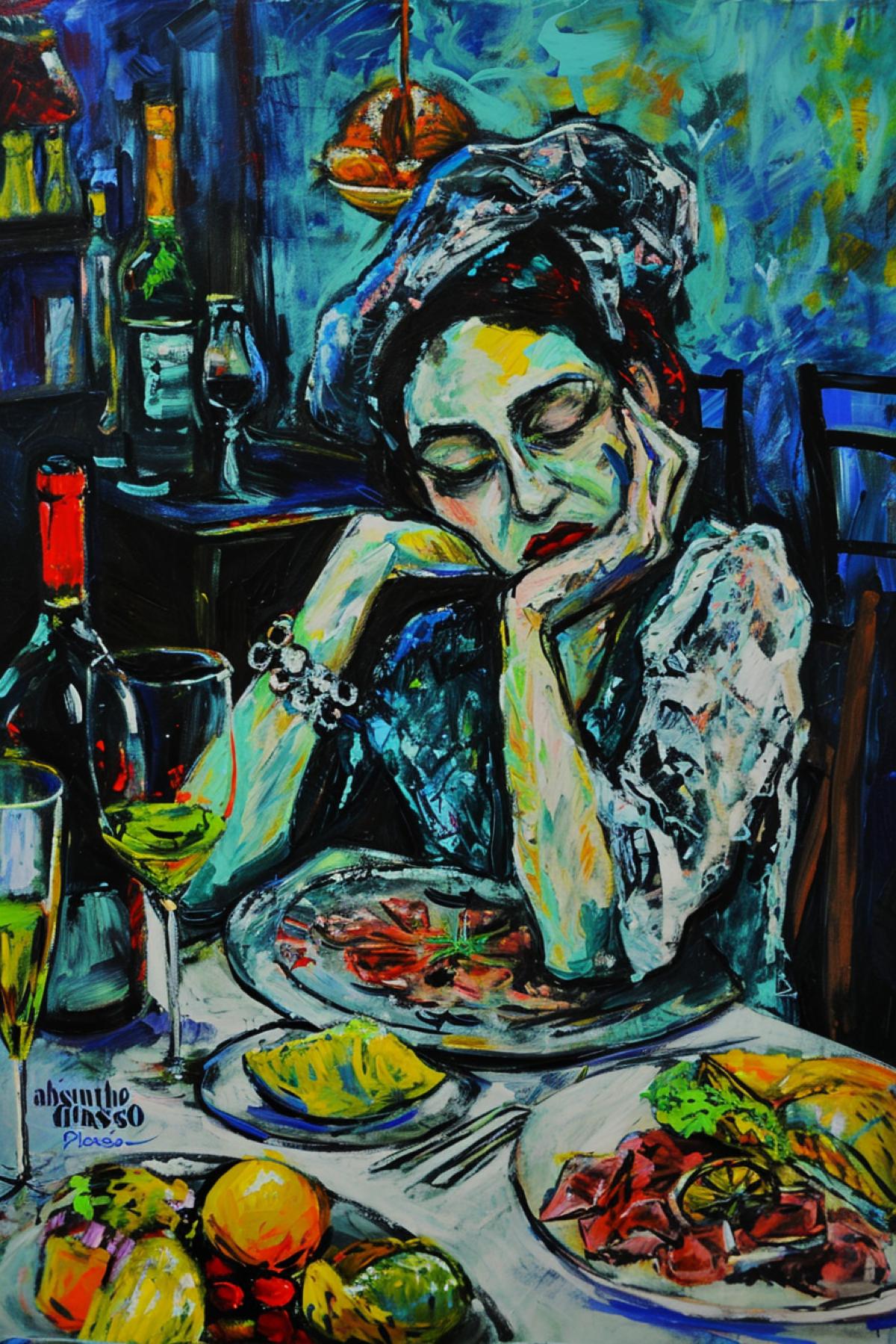 Female tired woman at the table full of hundred salads dishes in style of Picasso\"s absinthe drinker Picasso\"s art of blue period impressionism