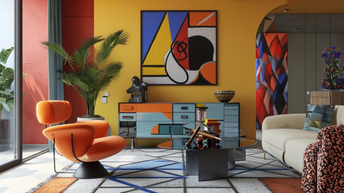 Apartment interior inspired by Picasso style, furniture with abstract geometric shapes, bright colors, Picasso painting on the wall