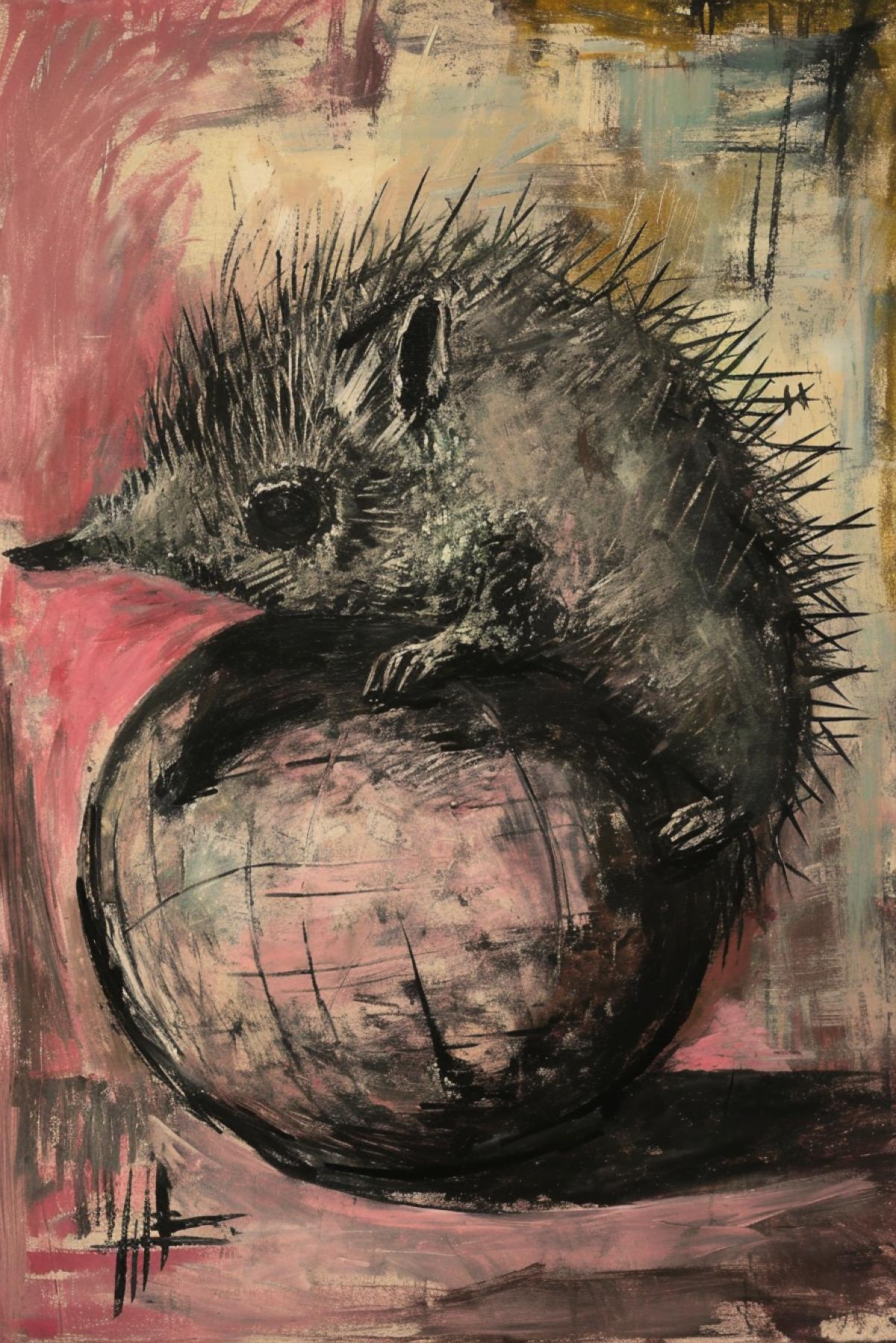 Hedgehog on the ball in style Pablo Picasso 1905 early works realistic pink period art