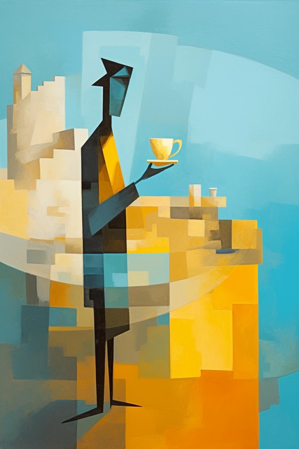 Picasso\"s style, cubism, maximum abstractionism, everything consists of the simpliest volumetric and smooth figures, bottom rear view of a single man standing confidently with a mug on a hill, empty blue background and pastel yellow light, hard scratch-like shadows, abstractionism