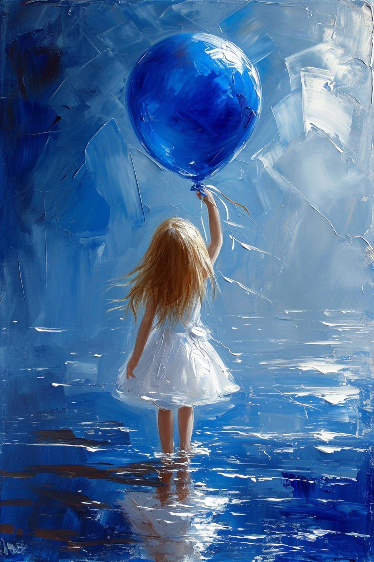 little girl with a blue balloon, oil painting in the style of Pablo Picasso
