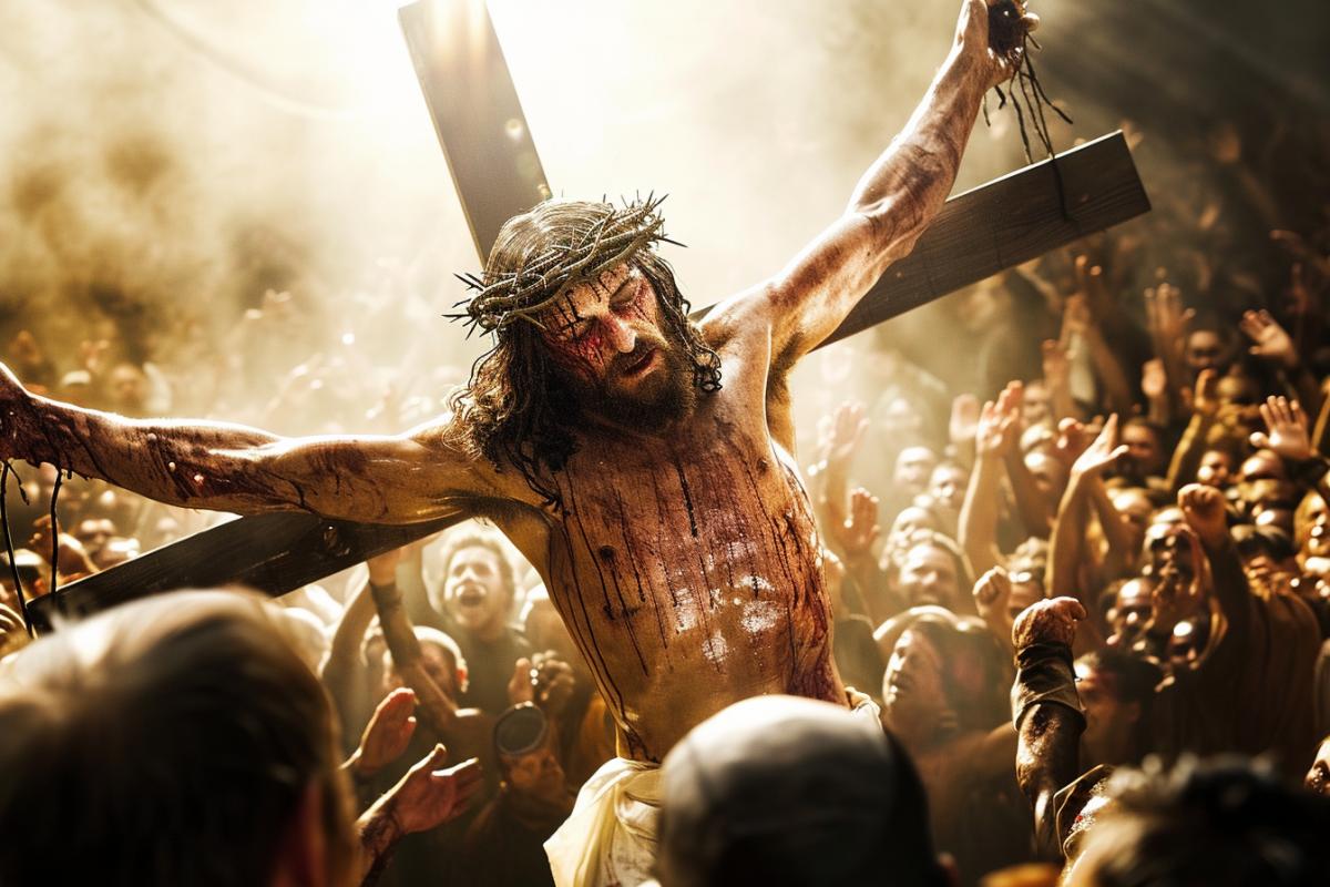 Photo of Jesus Christ on the cross, a raging crowd of people around, high detail