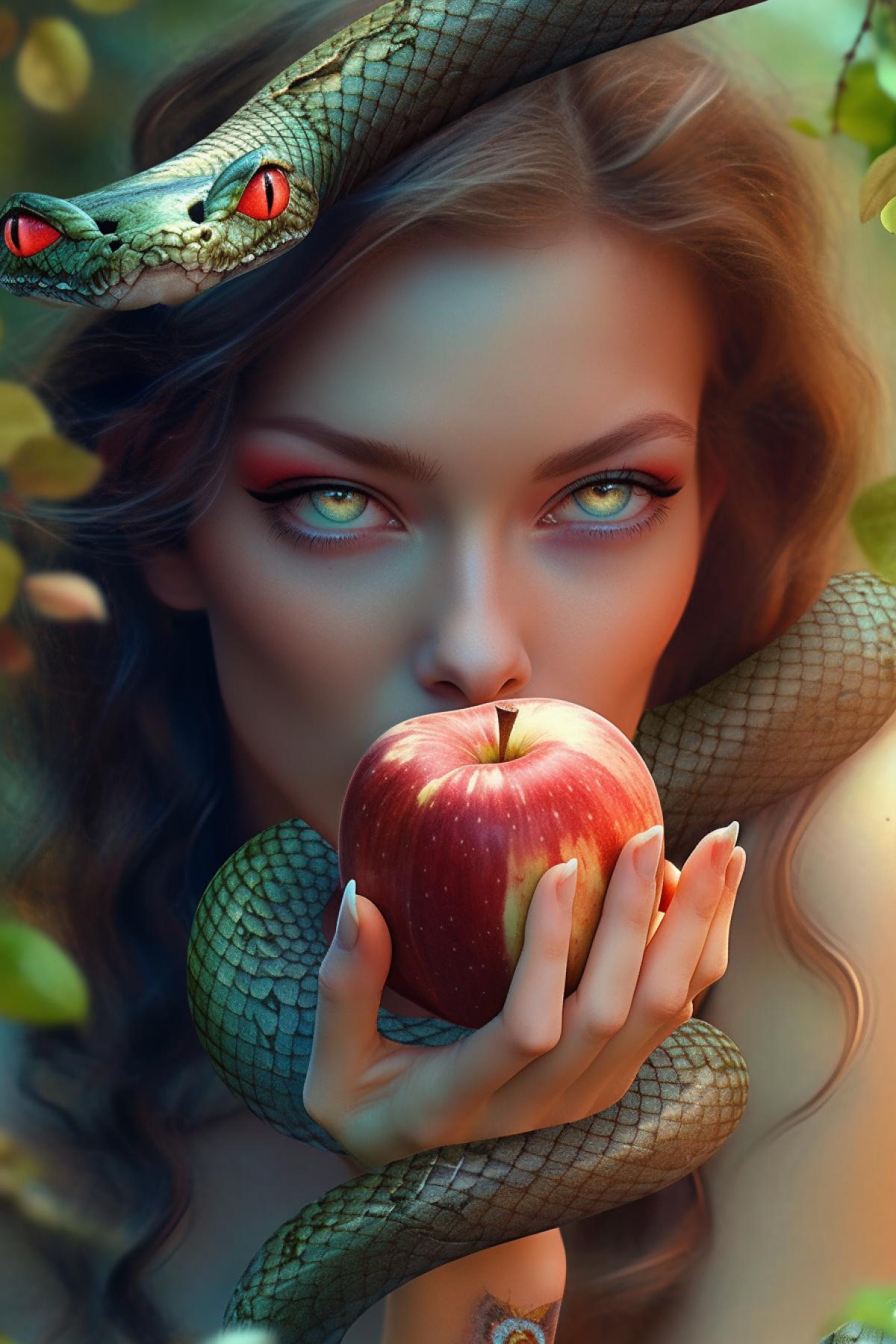 outstanding supernatural beauty shot of Eve biting the apple in the Garden of Eden, forbidden fruit, serpent tempter, original sin, luxury, whimsical, mischievous smile, muse, stunning, graceful, visually mind-blowing, hyper-detailed, beautifully color-coded, photorealistic, atmosphere of luxuriousity, miraculous supernatural light, soft shadows, clean sharp focus, depth of field, dynamic angle, mesmerizing and dynamic com4k