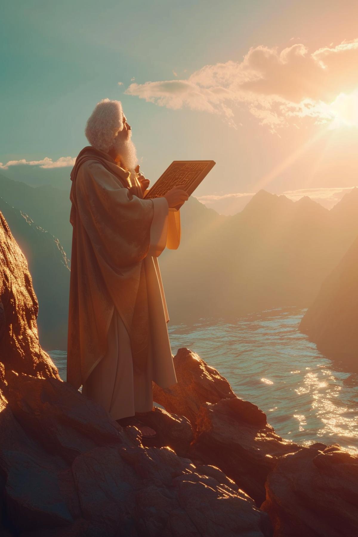 Biblical scene, prophet Moses standing on top of Mount Sinai holding the tablets with the commandments, hot sunlight, cinematic lighting, photorealistic, highly detailed, epic and dynamic scene