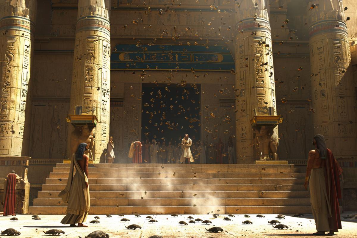 Biblical scene, Pharaoh of Egypt with servants stands on the steps of his palace, toads are falling from the sky, steps and floor are covered with toads, Egyptian ends, hot sunlight, cinematic lighting, photorealistic, highly detailed, epic and dynamic scene