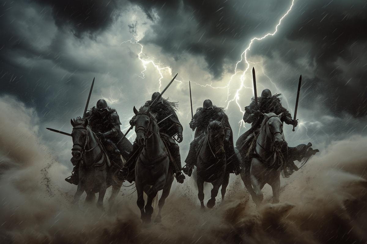 Four horsemen of the apocalypse on conch with swords, riding in a cloud of dust, lightning flashing, stormy sky, frightening atmosphere, cinematic lighting, photorealistic, highly detailed, epic and dynamic scene