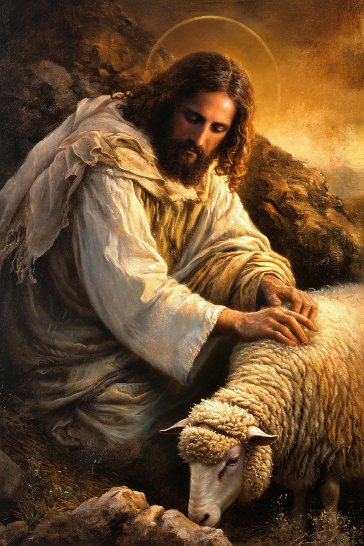 Jesus Christ petting a sheep, spiritual world