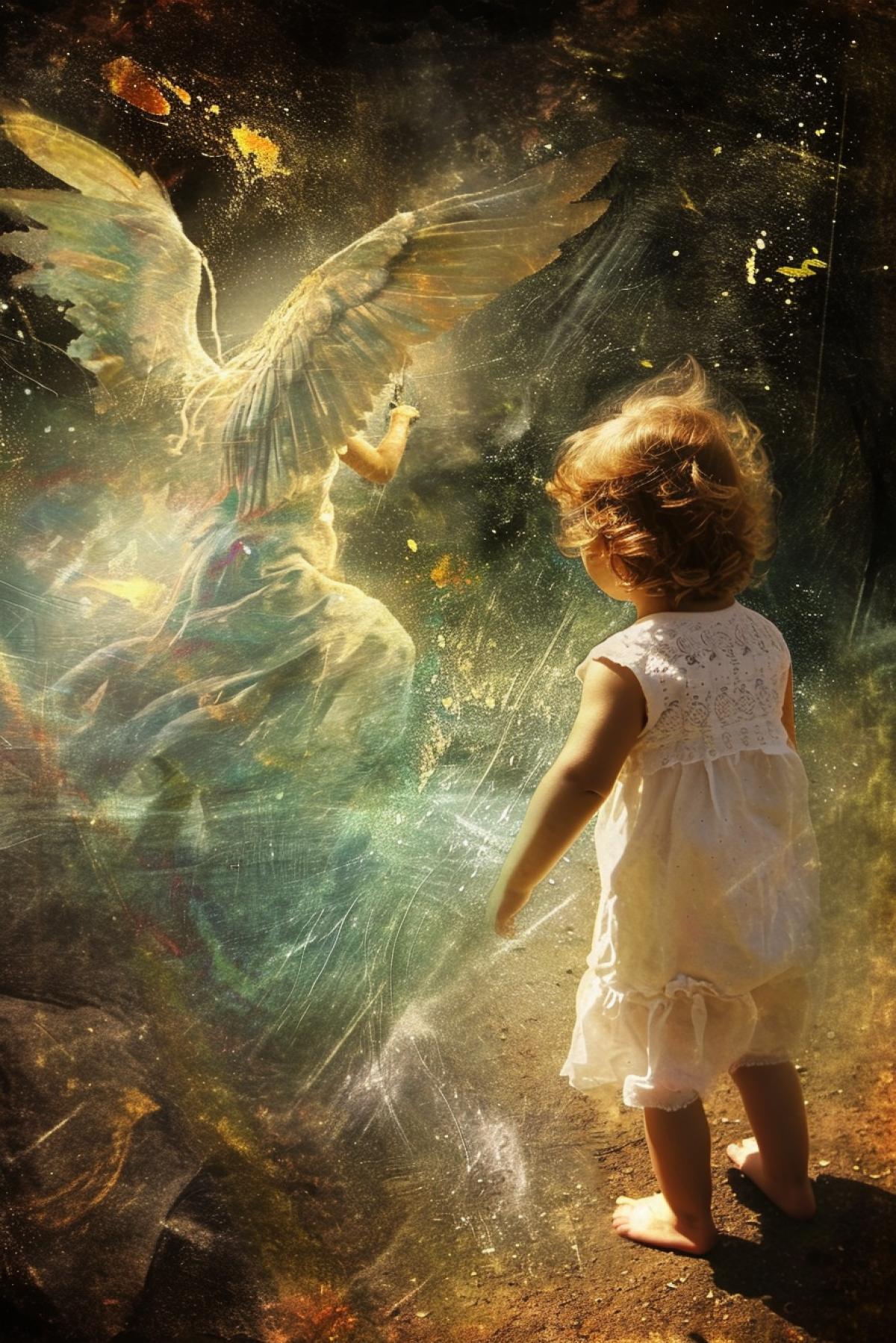 Child, guardian angel in the background, biblical motifs