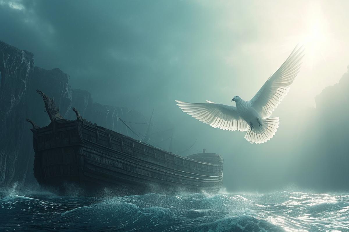 Aerial photo, biblical story, Noahs huge ark in the endless ocean floats up to the mountain top, close-up shot of a dove with a branch in its beak, sunlight, blue sky, cinematic light, photorealistic, highly detailed, epic and dynamic scene.