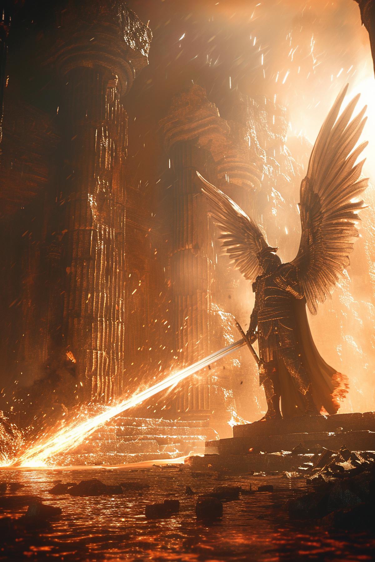 Angel with a flaming sword on the street of an ancient city, sparks from the flames, red liquid earth, sunlight, cinematic light, photorealistic, highly detailed, epic and dynamic scene