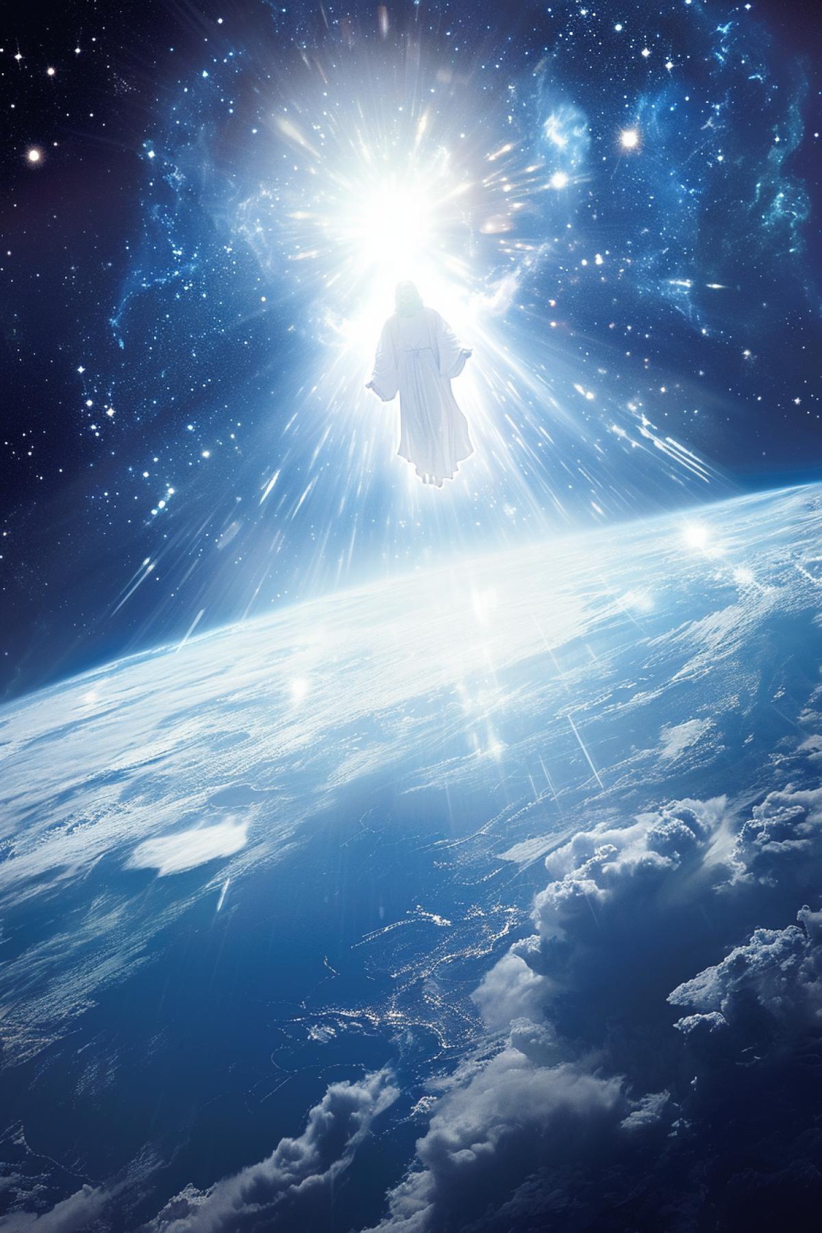 a Jesus Christ from heaven overlooking earth from space with bright light shining all around her