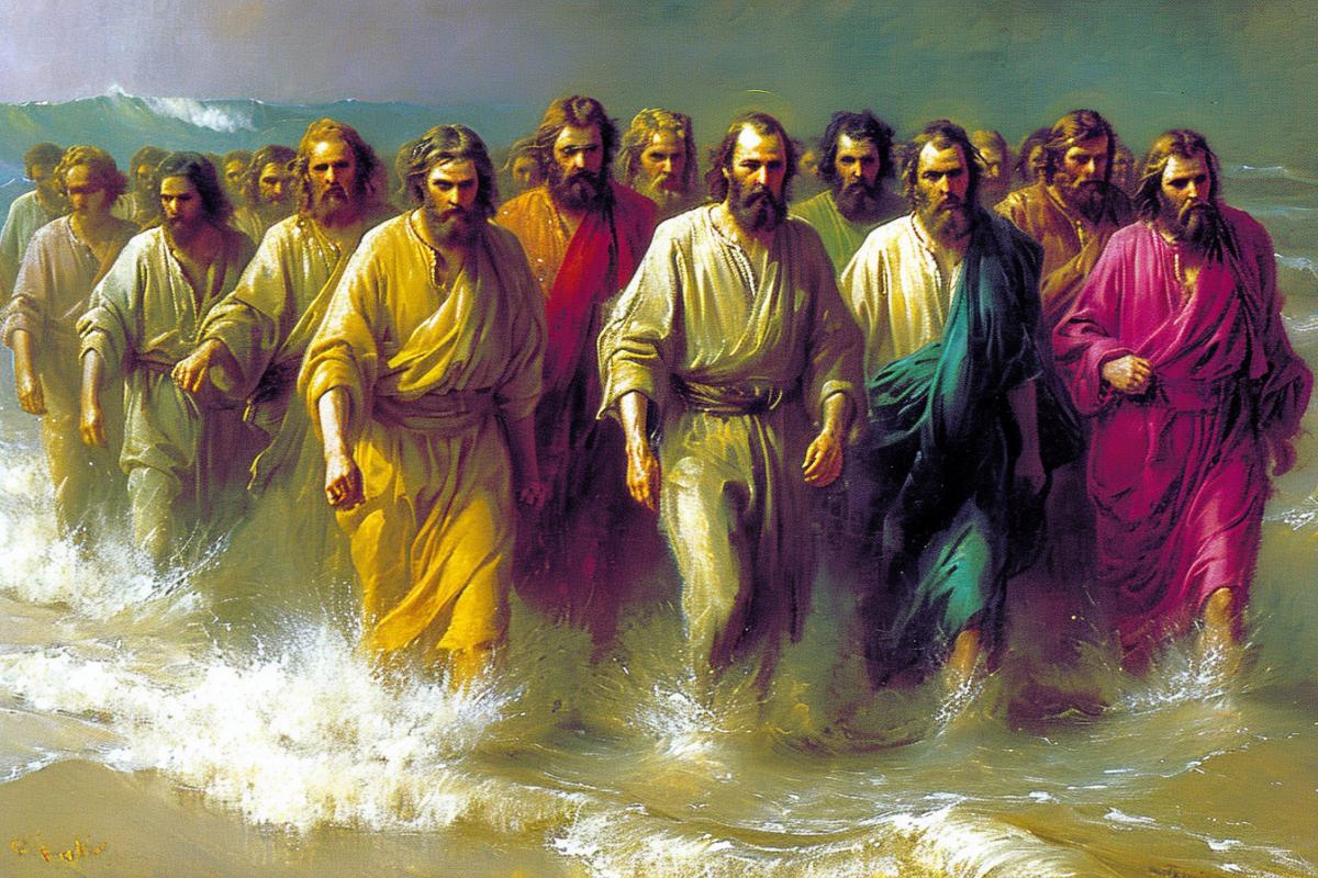 Historical picture based on a biblical story. Moses stretched out his hand over the sea, and the Lord turned it into dry land. The waters parted, and the Israelites passed through the sea as if on dry land, with one wall of water standing on their right and another on their left. oil painting in classical style, masterpiece, author Semiradsky, Rafael Santi.