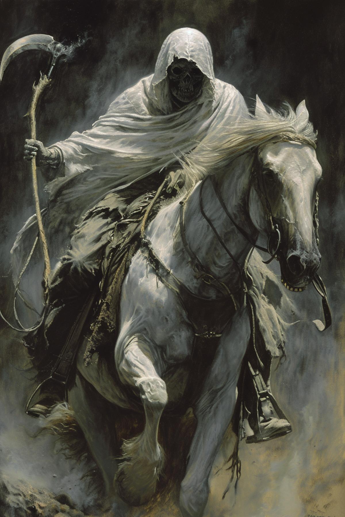 Horseman of the apocalypse death, white zombie horse, white robe on the rider, skullface, close, by Donato Giancola, darkness and horror style, scythe in the hand