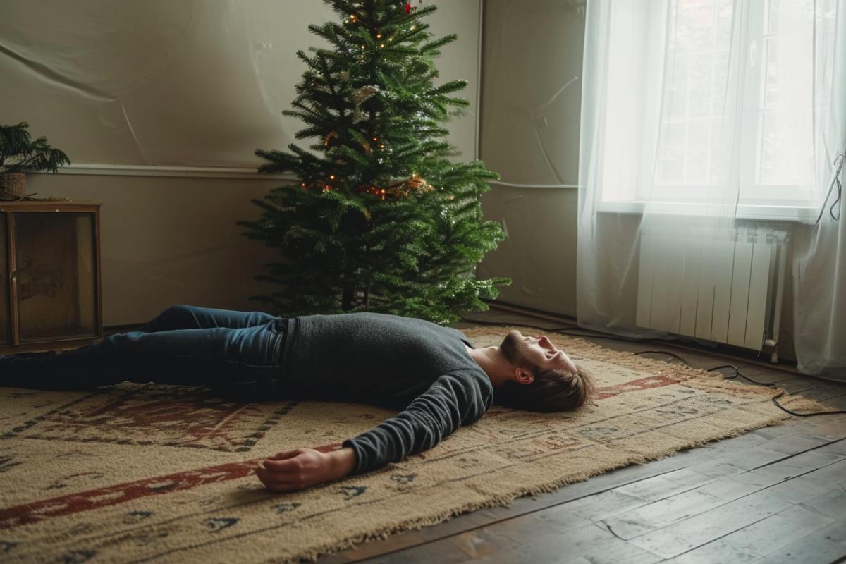 a sad man lies on the floor in a room, there is a spruce tree in the corner of the room, an atmosphere of hopelessness