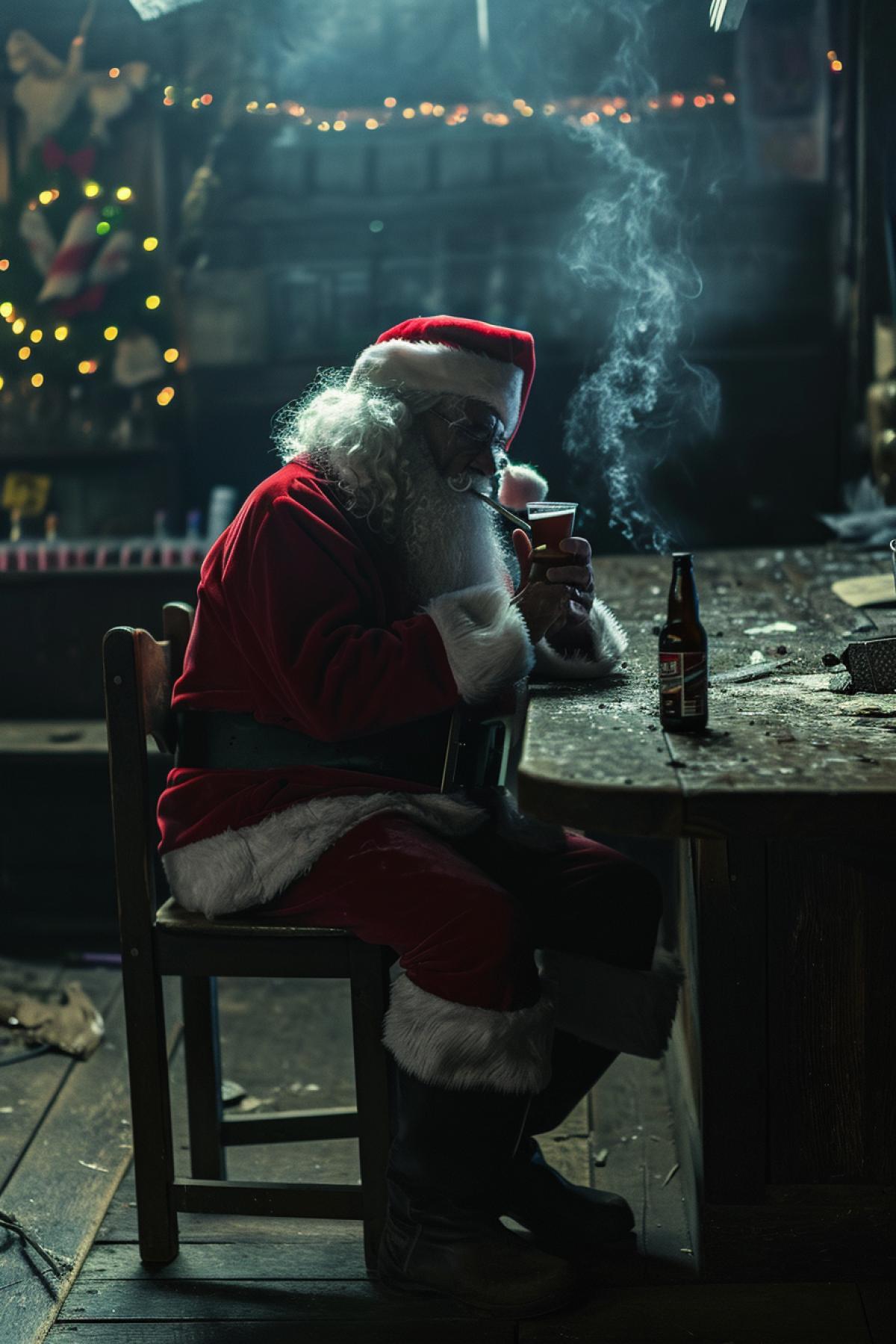 Santa Claus sitting at a table in a cheap bar with a bottle of beer and smoking a cigarette, noir, dramatic lighting, depressing atmosphere