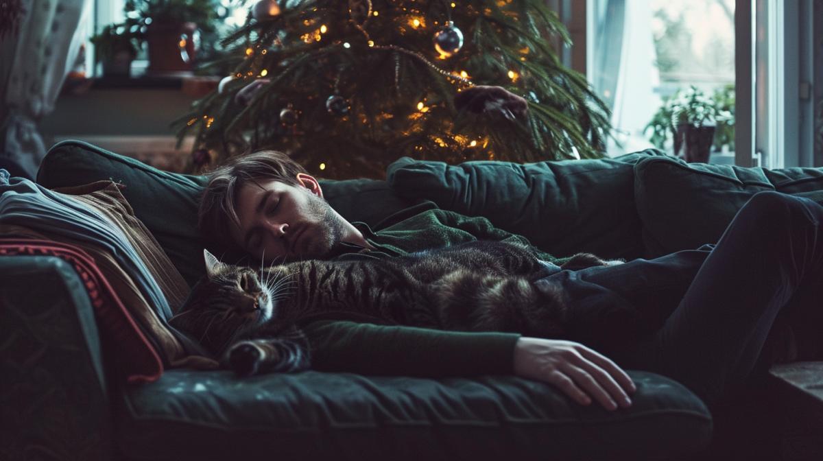 Tired man lying on the couch with his arm hanging down, cat lying on the man, Christmas tree next to him, noir, dramatic lighting, depressing atmosphere