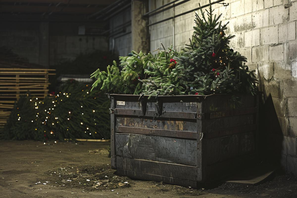 Dumpster filled with Christmas trees, noir, dramatic lighting, depressing atmosphere