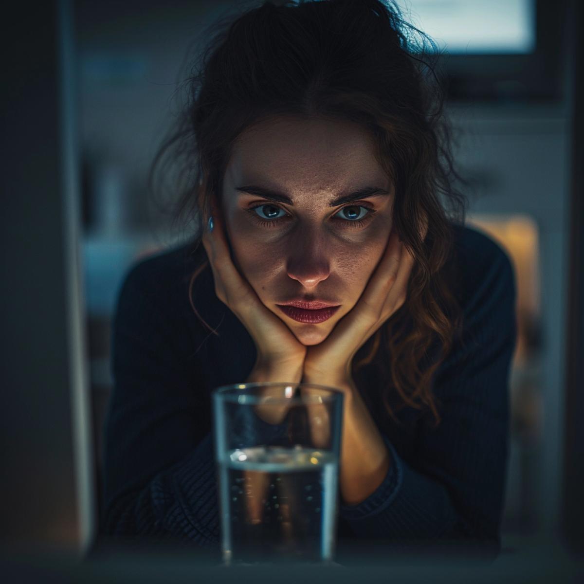 Sad unsleeping woman sitting in front of a computer in an office with a glass of water, early morning, noir, dramatic lighting, depressing atmosphere