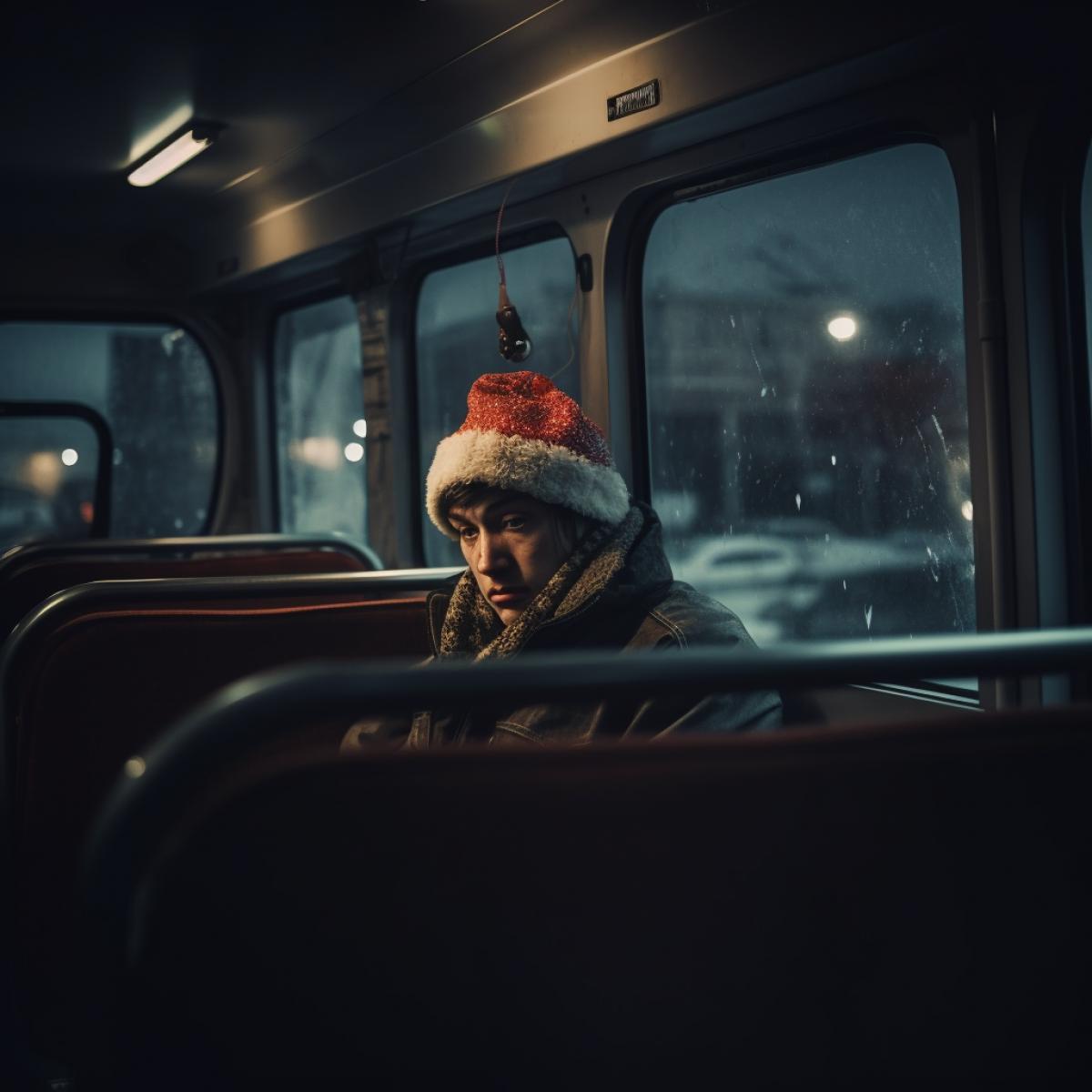 Photo from the camera on the bus there are a lot of people in winter clothes, all the faces are gloomy, gloomy, gloomy, sad, frowning, sleep-deprived, from the windows you can see the city decorated for the New Year, a depressing atmosphere