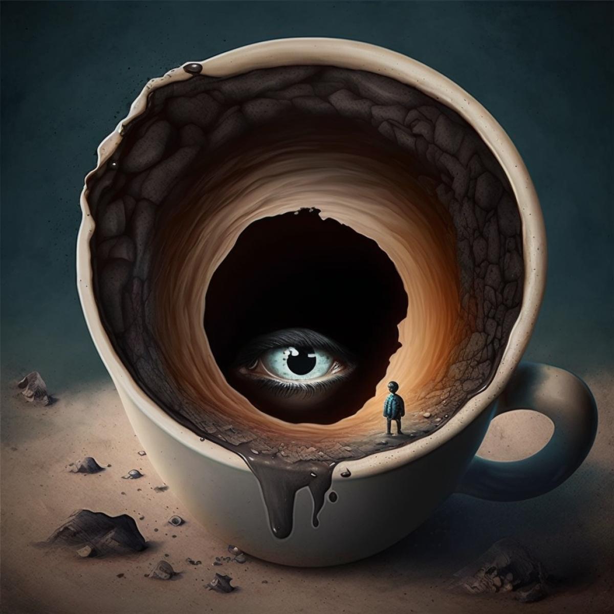 A surreal painting with a mug of dark coffee, which gnaws a person into it, as if into a dark hole.