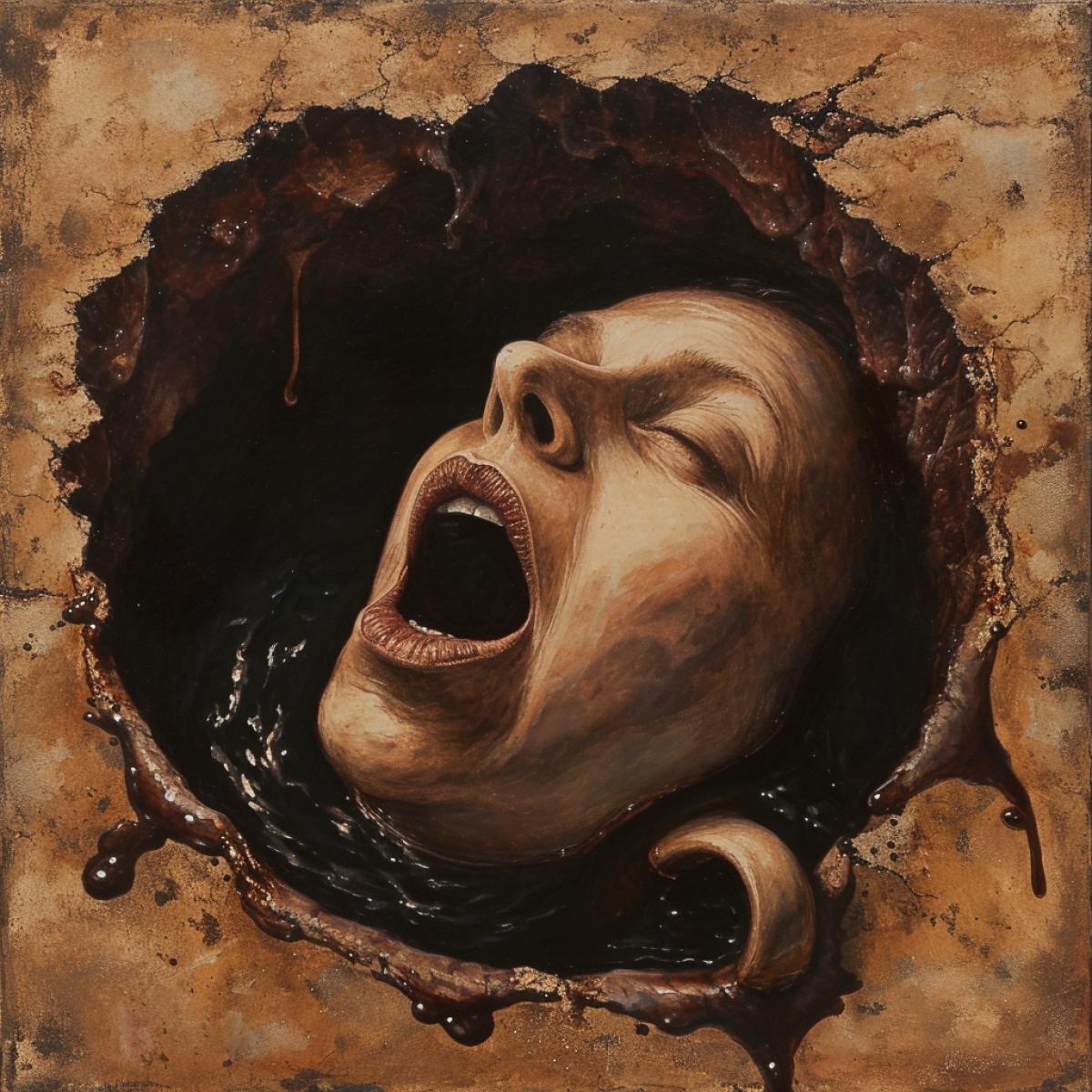A surreal painting with a mug of dark coffee, which gnaws a person into it, as if into a dark hole.