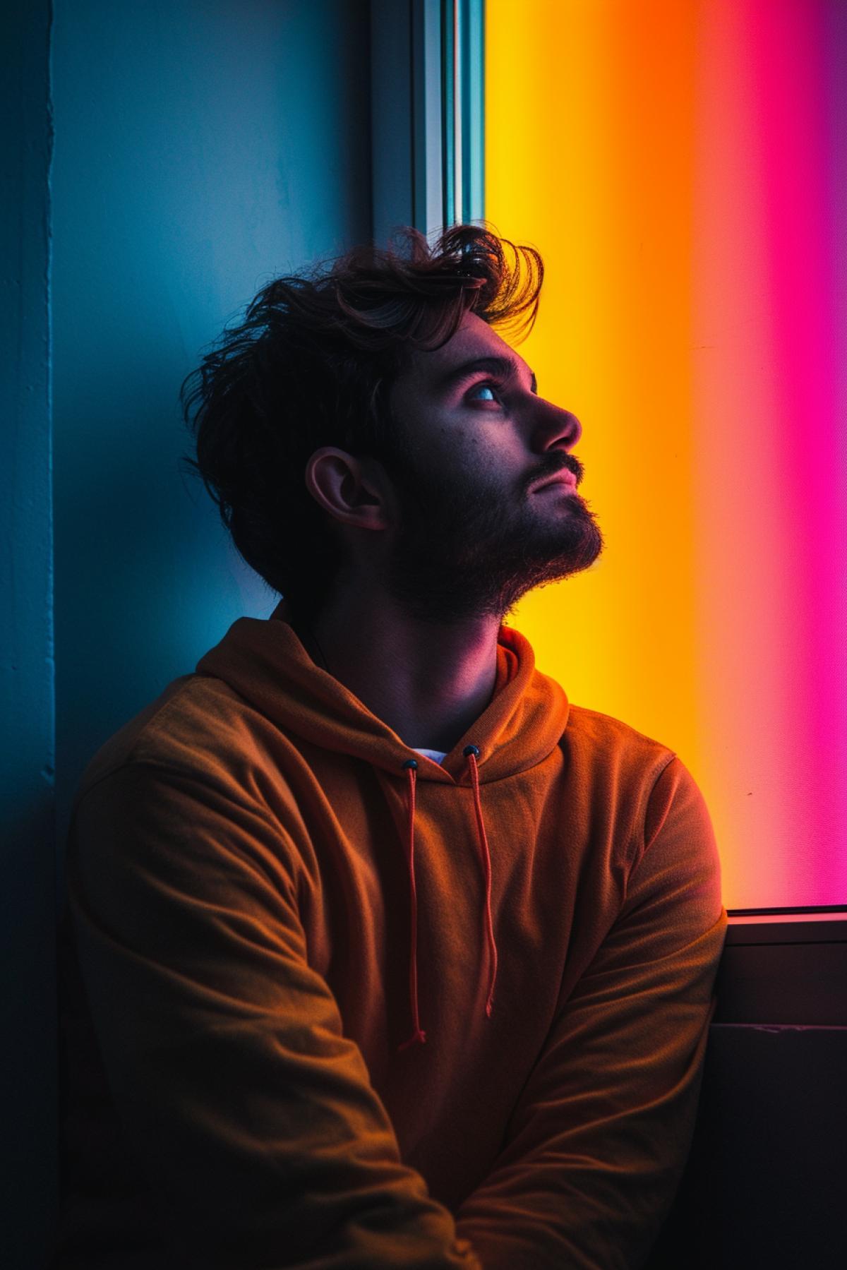 Sad upset man in dark-and-white boring routine world looking out through small window at colourful wonderland
