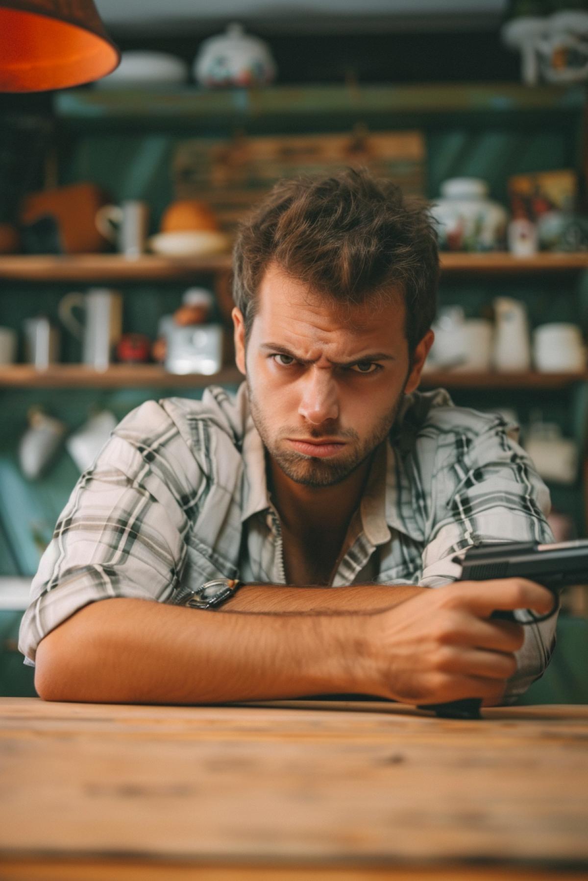 Sad upset young man at the table in boring interior with Colt pistol in hand