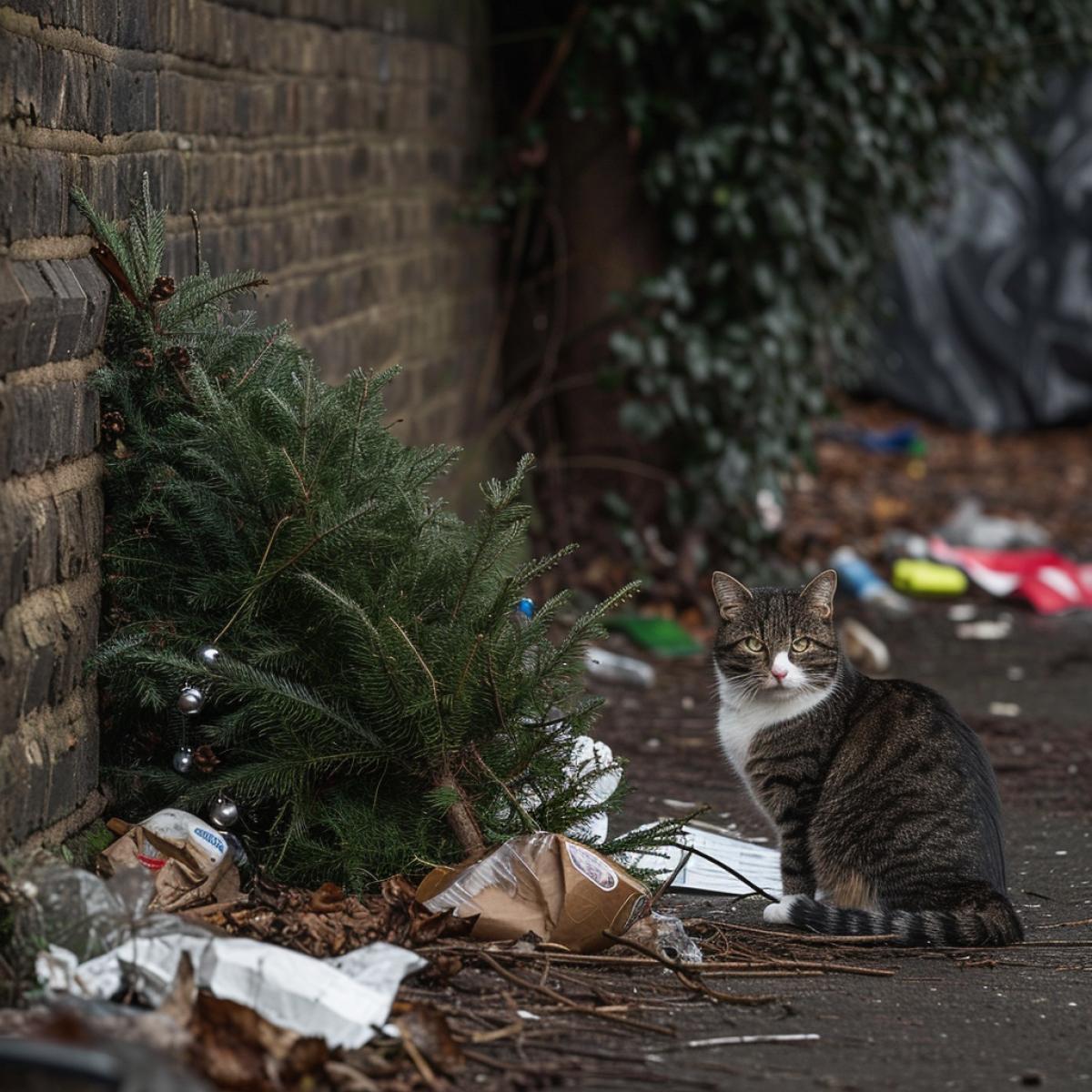 The cat sits by the trash heap where the unwanted Christmas tree was thrown